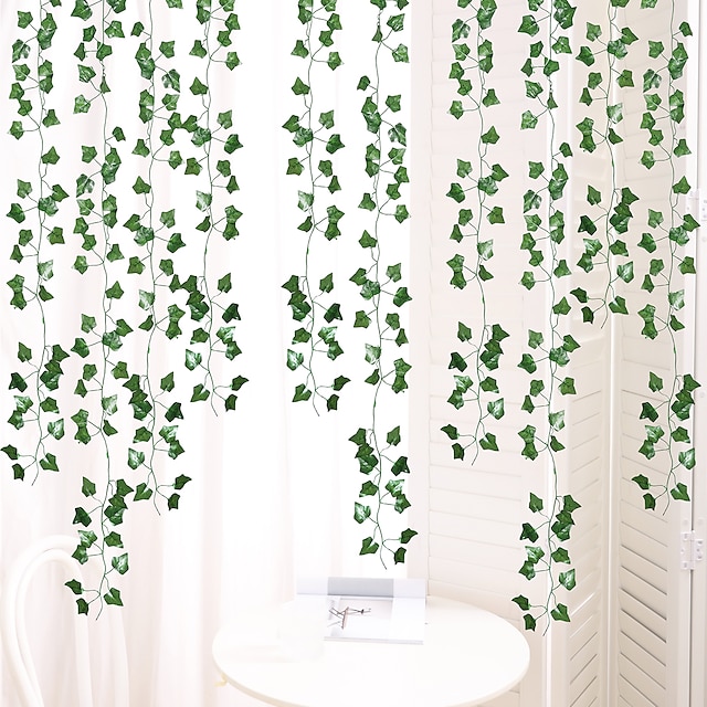  12個パック 人工アイビー リース フェイク サツマイモ 葉 つる 吊り下げ植物 グリーン背景 ウェディングデコレーション ホーム 寝室 壁装飾 ジャングルがテーマのパーティーデコレーション