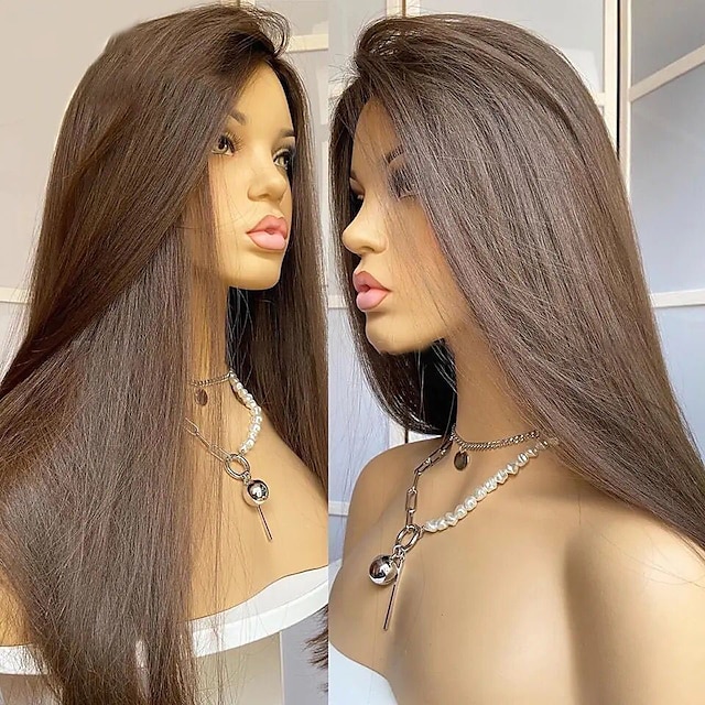  שיער אנושי חזית תחרה 13x4 פאה תספורת שכבות שיער ברזיאלי ישר משיי חום-זהב פאה 130% 150% צפיפות עם שיער בייבי שיער טבעי בתולה100% טרום מרוט עבור נשים ארוך פיאות תחרה משיער אנושי