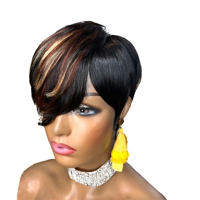  Pixie Cut Wigs for Black Women Human Hair Short Layered Cut Wigs with Bangs Brazilian Ombre Wigs Black with Brown 1B/30 Color Short Pixie Cut Wigs for Black Women Full Machine Made