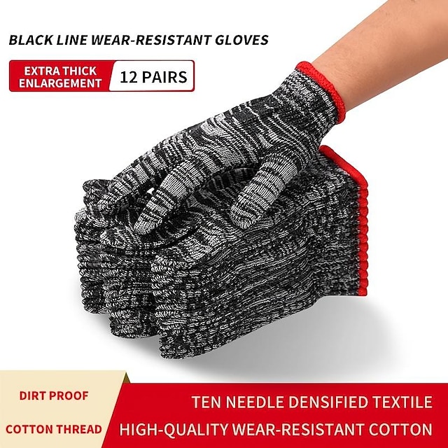  12Pairs Wear-Resistant Work Gloves Women Men Material Cotton Yarn Anti-Skid Knit Mitten For Labor Protection Gardening