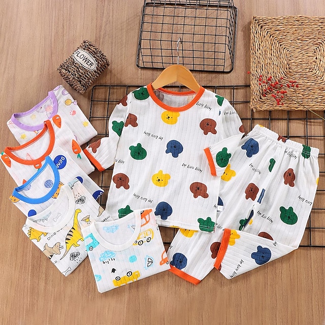 Conjuntos de pijama de 2 piezas para niños, manga 3/4, manga 3/4, manga tres cuartos, diseño de oso cereza, manga tres cuartos, conejo morado, dibujos animados, cuello redondo, verano, primavera, uso diario, hogar, 3-7 años