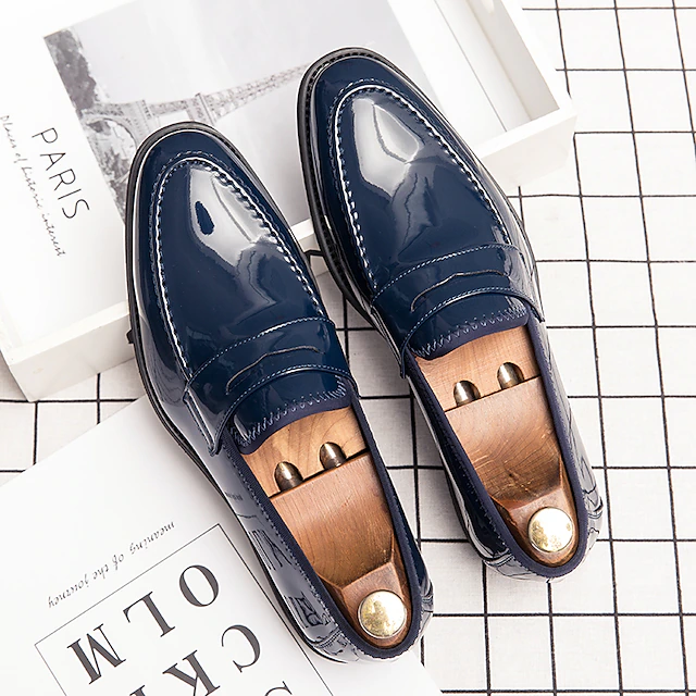 Men's Navy Blue Patent Faux Leather Loafers – Classic Slip-On Dress Shoes with High-Gloss Finish, Perfect for Formal Occasions and Business Wear 11