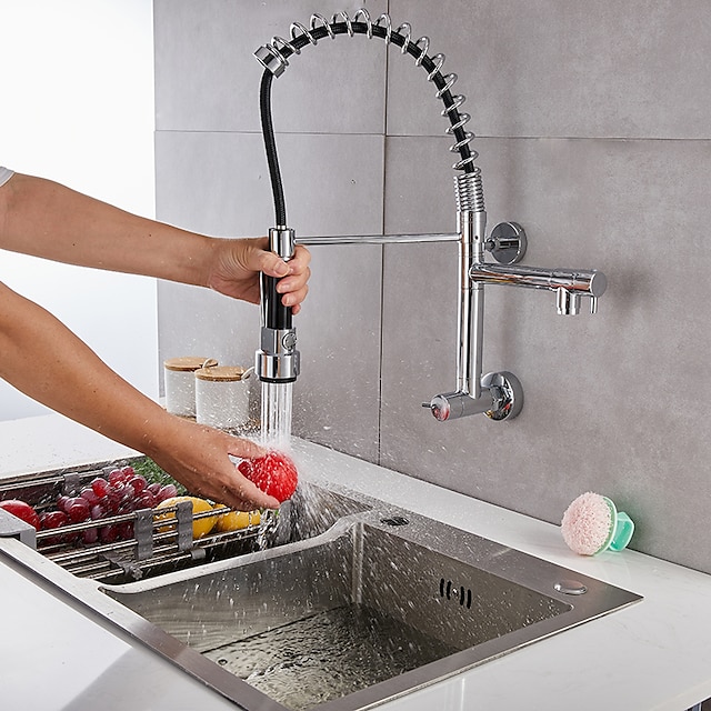 Wall Mounted Kitchen Sink Faucet Only Cold Water Pull Down Sprayer, 360 Swivel Pull Out Kitchen Taps 2 Sprayer Mode Vessel Water Tap Gold Black Chrome