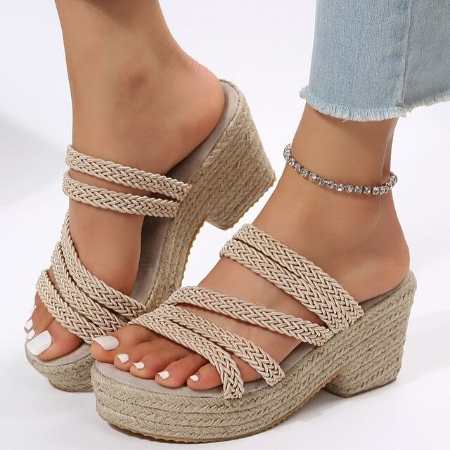  Women's Sandals Daily Wedge Sandals Plus Size Summer Peep Toe Wedge Heel Casual Loafer Faux Fur Solid Color Almond