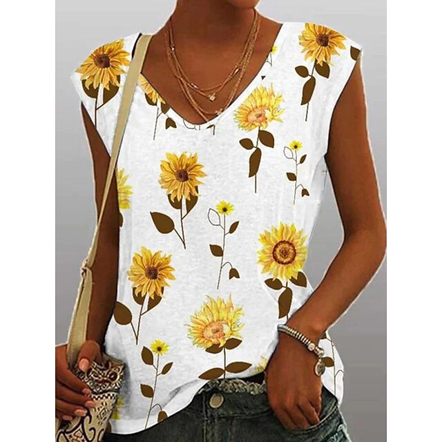  Women's Tank Top Yellow Green Graphic Sunflower Print Sleeveless Casual Holiday Basic V Neck Regular Floral S