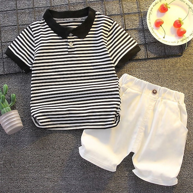  2 Pieces Toddler Boys T-shirt & Shorts Outfit Animal Cartoon Short Sleeve Cotton Set School Adorable Daily Summer Spring 3-7 Years Summer PL stripes - black Summer PL pattern bear - black Summer PL