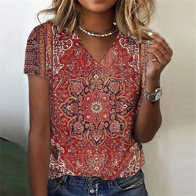  Women's T shirt Tee Pink Red Orange Floral Print Short Sleeve Holiday Weekend Basic Round Neck Regular Floral Painting S