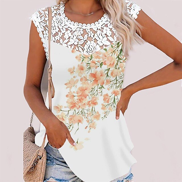  Women's Tank Top Pink Orange Floral Lace Print Sleeveless Holiday Weekend Basic Round Neck Regular Floral Painting S
