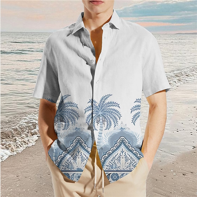  Men's Shirt Summer Hawaiian Shirt Coconut Tree Graphic Prints Turndown Blue Khaki Street Casual Short Sleeves Button-Down Print Clothing Apparel Tropical Fashion Streetwear Hawaiian