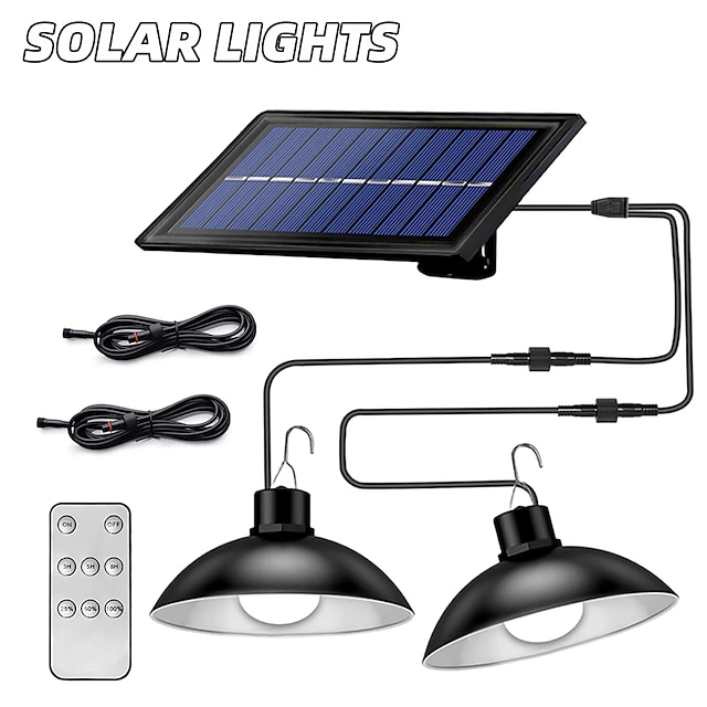  Solar Pendant Lights Outdoor Indoor Dimmable IP65 Waterproof Dual Head Solar Shed Light with 3M Cord and Remote Controller