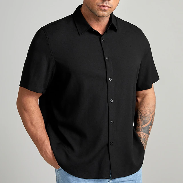 Men's Plain Shirt Button Up Shirt Short Sleeve Shirt Turndown Outdoor Vacation Black Plus Size Clothing Apparel Modern Style Solid Retro Vintage 6