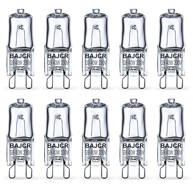  Bajcr Lighting Halogen-Glühlampe G9 T4 40 W JCD Bi-Pin (10 Stück) für Kronleuchter, Pendelleuchten, Schrankleuchten, Landschaftsleuchten, Schreibtisch- und Stehlampen, Wandleuchten, 230 V dimmbar,