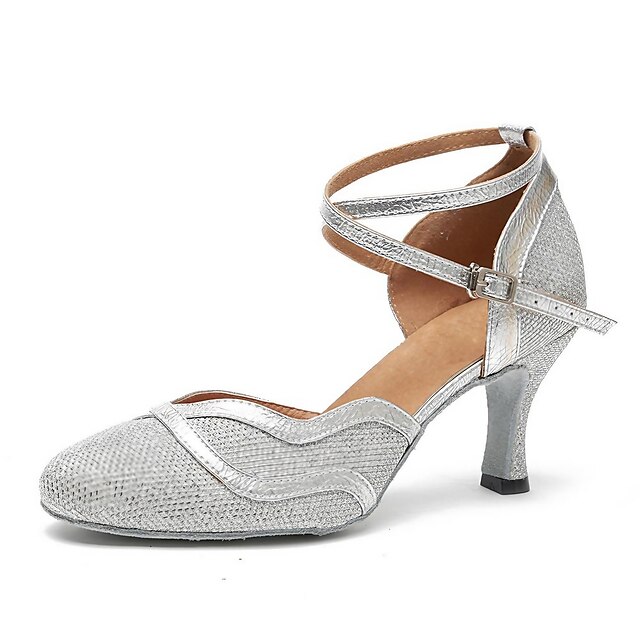 Women's Modern Dance Shoes Training Party Practice Sequins Party Heels Party Collections Heel Contemporary Dance Buckle Glitter Splicing Round Toe Cross Strap Silver Black Coffee
