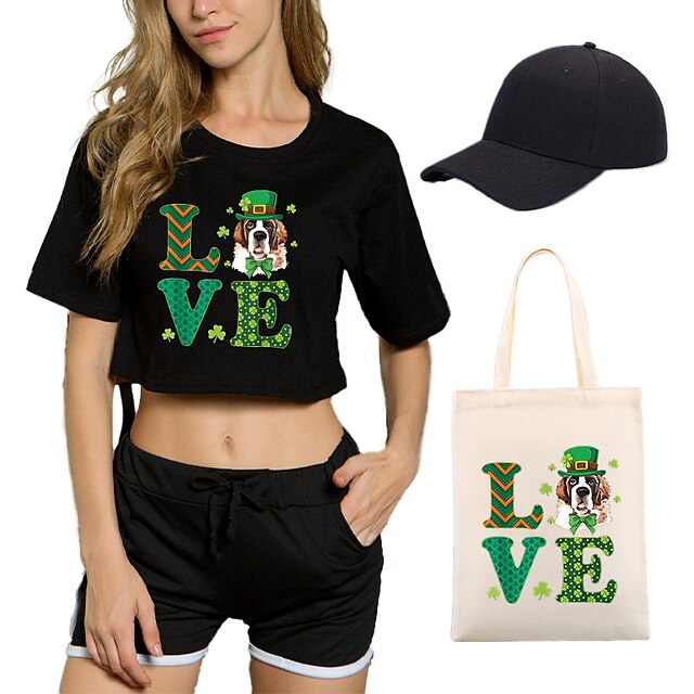  4 Piece Shamrock Irish Printed Shorts Crop Top Baseball Caps Canvas Tote Bags Set Tee T-Shirt Shorts Co-ord Sets For Women's Adults' Outfits & Matching Casual Daily Running Gym Sports