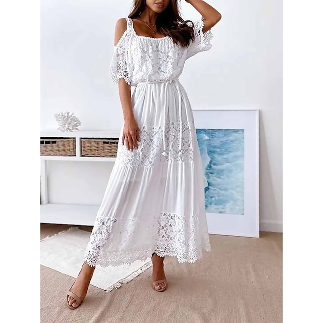  Women's White Dress Sundress A Line Dress Long Dress Maxi Dress Casual Classic Plain Lace Patchwork Daily Holiday Vacation Cold Shoulder Half Sleeve Dress Loose Fit White Summer Spring S M L XL XXL