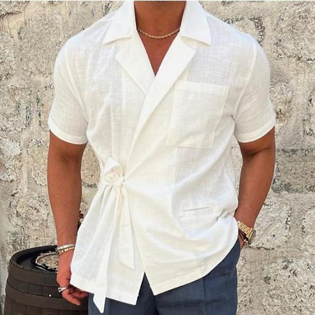  Men's Cotton Linen Shirt White Cotton Shirt Summer Shirt Beach Shirt Black White Khaki Short Sleeve Plain Lapel Spring & Summer Hawaiian Holiday Clothing Apparel Pocket