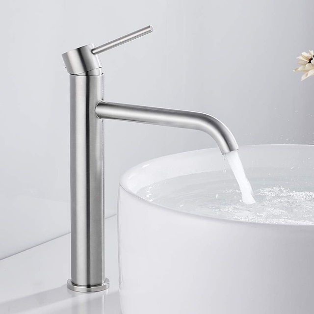  Bathroom Basin Sink Mixer Tap Stainless Steel, Tall Wash Basin Faucet Mono Counter Top Vessel Sink Taps with Hot and Cold Water Hose, Single Lever Handle Monobloc Washroom Vessel Basin Tap