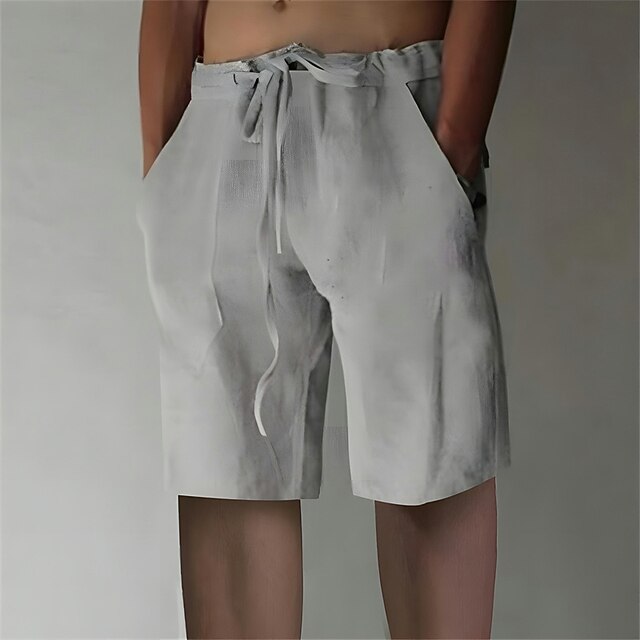  男性用 リネンショーツ サマーショーツ ドローストリング 弾性ウエスト フロントポケット 平織り 履き心地よい ソフト 膝丈 カジュアル 日常 ファッション クラシック ブラック ホワイト