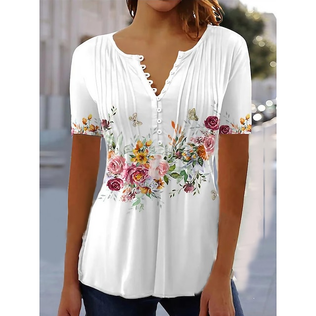  Women's Shirt Blouse White Pink Blue Floral Button Print Short Sleeve Casual Holiday Basic Round Neck Regular Floral S