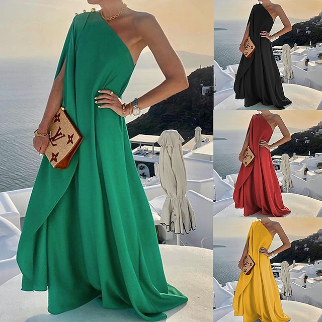  Women's Party Dress Holiday Dress Swing Dress Long Dress Maxi Dress Black Pink Red Sleeveless Pure Color Cold Shoulder Summer Spring Fall One Shoulder Party Party Birthday Evening Party 2023 S M L XL