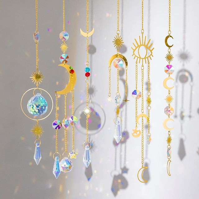  Crystals Suncatcher for Window,6pcs Sun Catchers with Crystals Hanging,Prism Suncatchers Rainbow Maker, Handmade Crystals String with Flower Pendants,Home Decor Outdoor Garden Car Ornament