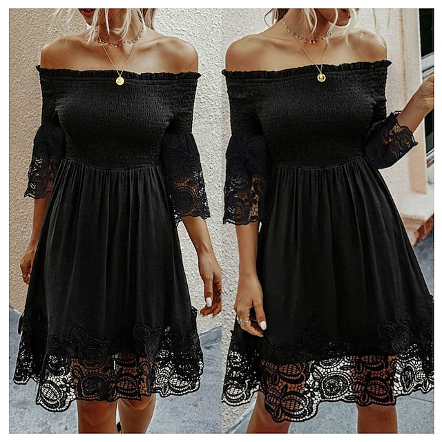  Women's Party Dress Lace Dress Cocktail Dress Midi Dress Black Pure Color Half Sleeve Summer Spring Fall Lace Fashion Off Shoulder Birthday Wedding Guest Vacation 2023 S M L XL XXL
