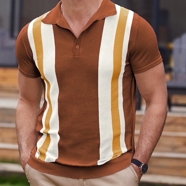  Herren Golfhemd Strickpolo Casual Täglich Kargen Kurzarm Stilvoll Vintage Gestreift Taste Sommer Schwarz Braun Aprikose Golfhemd