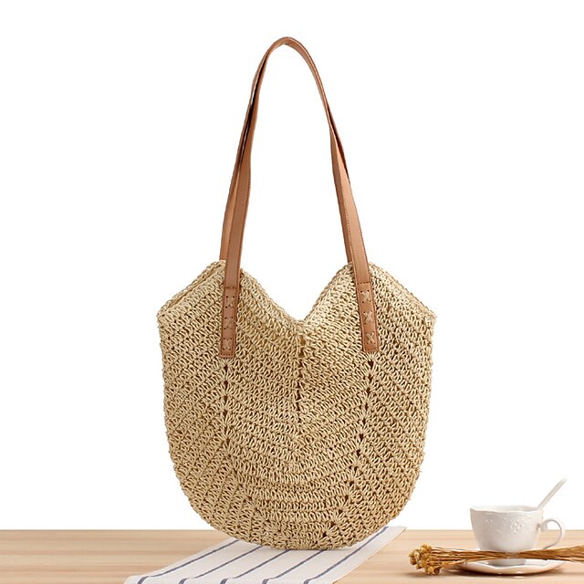 Women's Tote Crossbody Bag Straw Daily Going out Solid Color Dark Brown ...