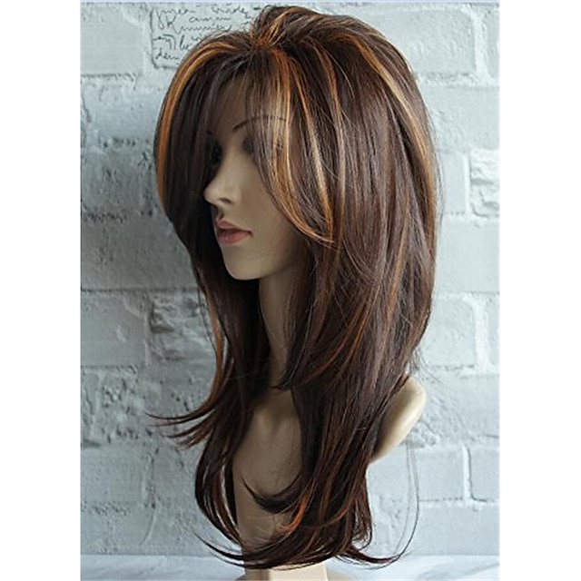  lunga lunghezza della spalla a strati marrone con parrucca evidenziata color cammello fibra di capelli sintetica evidenzia parrucche multicolori per donne bianche