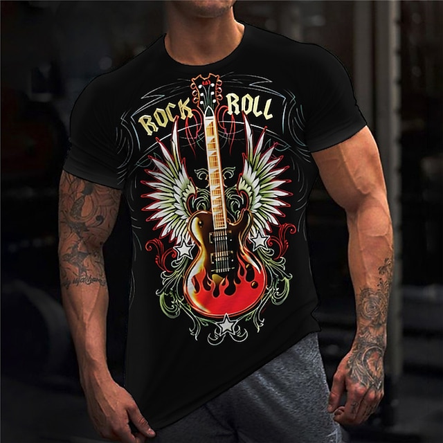  camisa gráfica masculina 3d do rock and roll | Camiseta de algodão preta guitarra instrumento musical gola redonda roupas estampadas ao ar livre casual curta camiseta de aniversário