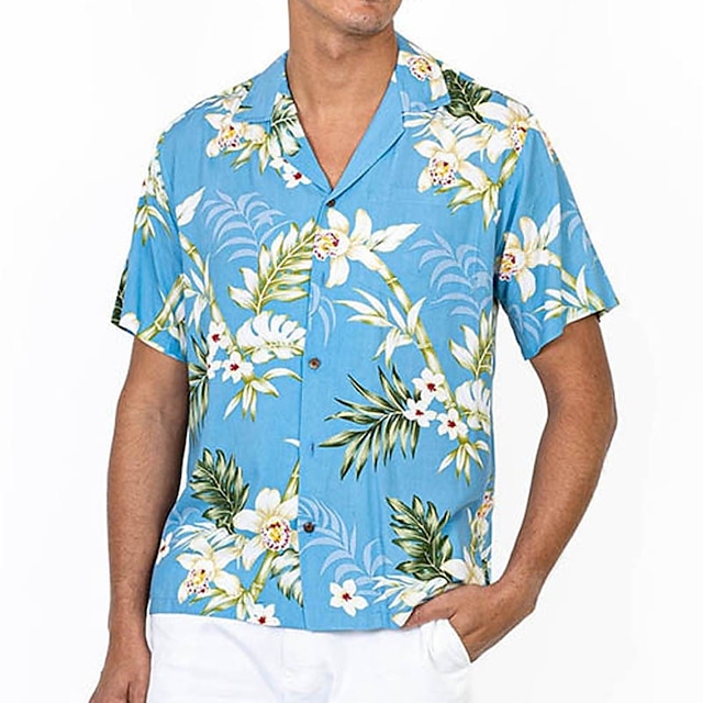  Men's Shirt Summer Hawaiian Shirt Floral Graphic Prints Cuban Collar Blue Casual Hawaiian Short Sleeve Button-Down Print Clothing Apparel Sports Fashion Streetwear Designer