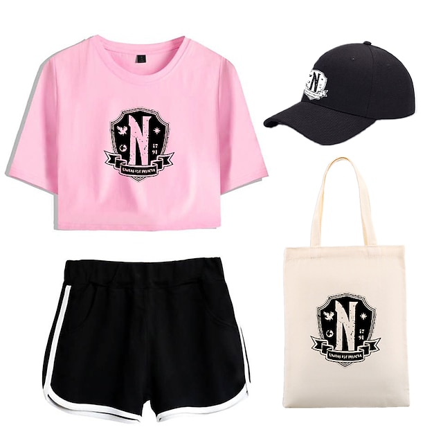  4 Piece Wednesday Addams Printed Shorts Crop Top Baseball Caps Canvas Tote Bags Set Nevermore Academy Tee T-Shirt Shorts Co-ord For Women's Adults' Outfits Matching Casual Daily Running Gym Sports