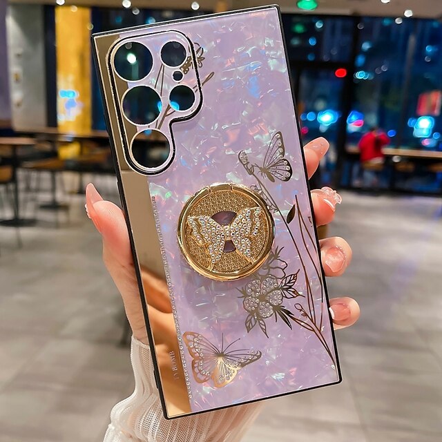 telefon Etui Til Samsung Galaxy S25 S24 S23 S22 S21 FE S21 Ultra Plus S20 A52 Bagcover Støddæmperramme Rhinsten Ringholder Sommerfugl Glitterskin Blomst TPU PC