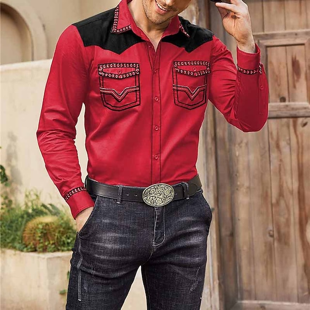  Herr Grafiska tryck Cowboy Skjorta Västerländsk skjorta Cowboyskjorta Långärmad Mode Streetwear Designer Utomhus Dagligen Höst vinter Nedvikt Mönster Rubinrött
