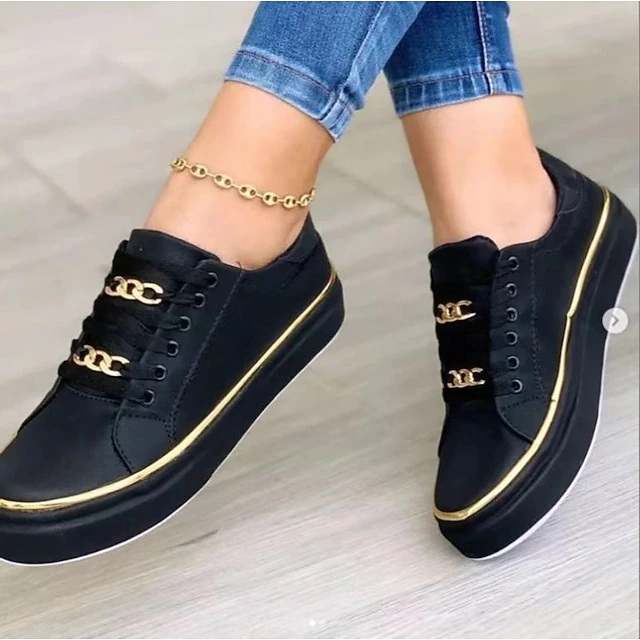 Women's Black Lace-Up Sneakers with Gold Chain Detail – Casual Fashion Shoes for Everyday Wear 6