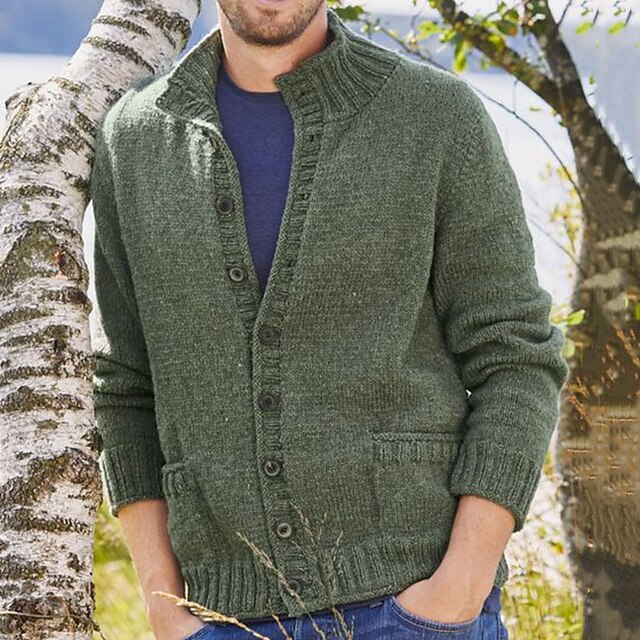 Men's Sweater Cardigan Sweater Ribbed Knit Regular Knitted Plain Standing Collar Warm Ups Modern Contemporary Daily Wear Going out Clothing Apparel Winter Green M L XL2