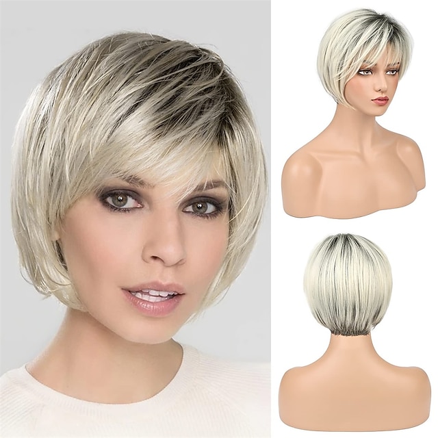  Blonde Bob Wig With Air Bangs for White Women 10 Short Ombre Platinum Blonde with Dark Roots Hair Wigs Synthetic Side Part Natural Looking Hairpiece