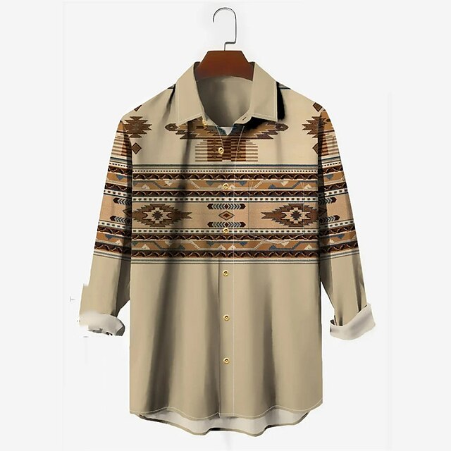  Men's Shirt Tribal Graphic Prints Vintage Geometry Turndown Khaki Outdoor Street Long Sleeve Button-Down Print Clothing Apparel Fashion Streetwear Designer Soft