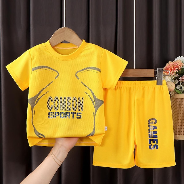  2 osainen Lapset Poikien T-paita ja shortsit Asu Kirjain Lyhythihainen Crewneck Puuvilla Aseta Kausaliteetti Tyylikäs Päivittäin Kesä Kevät 7-13 vuotta Musta Valkoinen Keltainen
