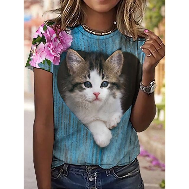  Women's T shirt Tee Blue Floral Cat Print Short Sleeve Daily Weekend Basic Round Neck Regular Floral 3D Cat Painting S