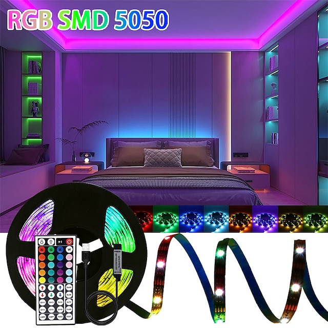  1pc Smart RGB Light Strip with 44 Keys Remote Control and App Control Smart LED Light Strip for TV Backlight For Home Decoration 1/2/3/5M 30/60/90/150Leds