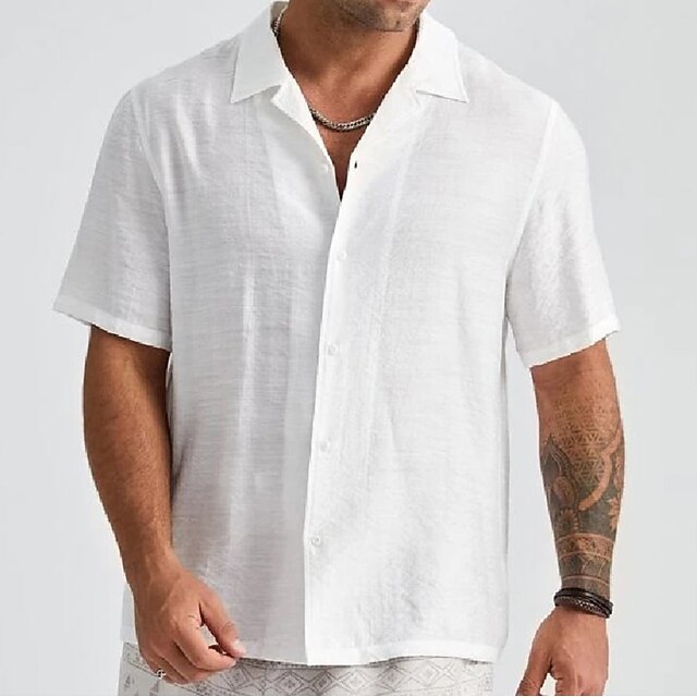 Men's Linen Shirt Summer Shirt Beach Shirt White Short Sleeve Plain Turndown Summer Casual Daily