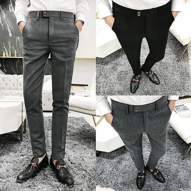Men's Dress Pants Skinny Trousers Pencil Pants Pocket Plain Breathable Stretch Ankle-Length Wedding Office Business Cotton Chic & Modern Casual Skinny Black Grey Stretchy 9