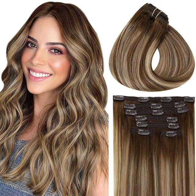  Clip in Hair Extensions Balayage Human Hair Dark Brown Fading to Caramel Brown with Brown Clip in Real Human Hair Extensions 14 Inch 120 Grams 7pcs/set