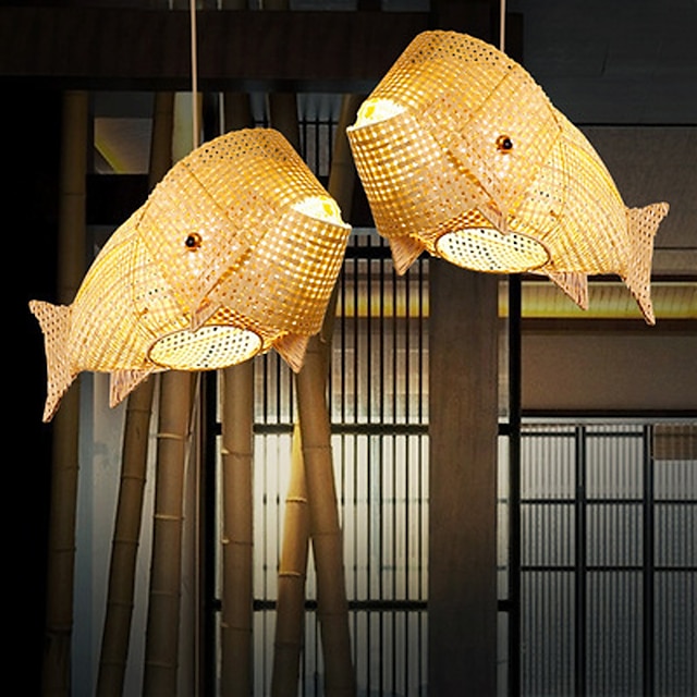  LED Pendnat Light Bamboo Lantern Design Chandelier Retro 45cm E26/E27 Chandelier Ceiling Lighting is Applicable to Living Room Bedroom Restaurant Cafe Bar Restaurant Club