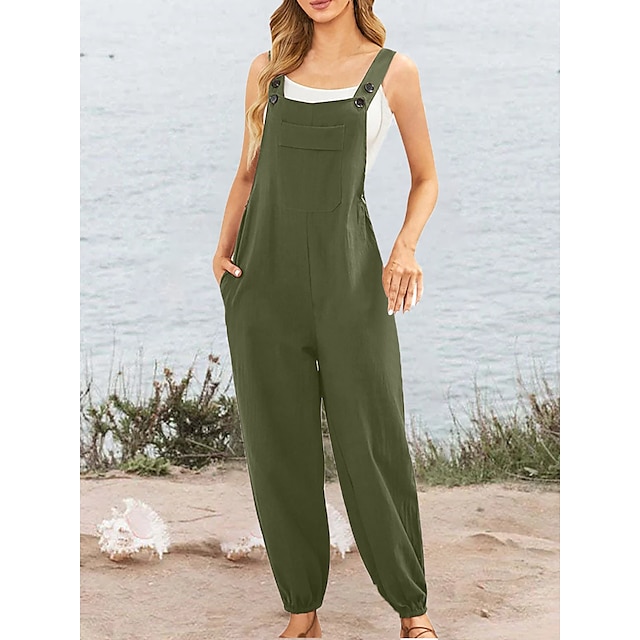  Women's Jumpsuit Pocket Solid Color U Neck Basic Street Daily Regular Fit Strap White Army Green Navy Blue S M L Summer