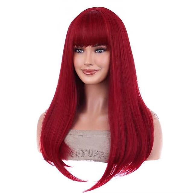  Synthetic Wig Straight With Bangs Machine Made Wig Long Wine Red Synthetic Hair Women's Soft Classic Easy to Carry Burgundy