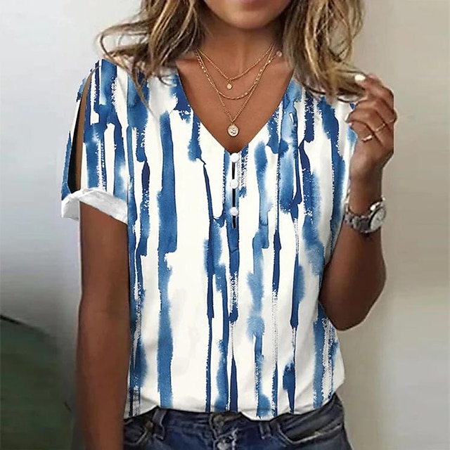  Women's T shirt Tee Black Blue Sky Blue Tie Dye Striped Button Cut Out Short Sleeve Daily Weekend Basic V Neck Regular Painting S