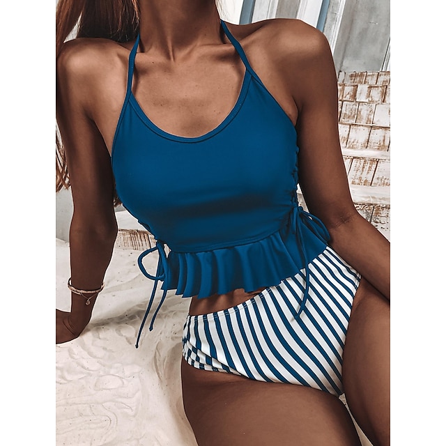  여성용 수영복 비키니 보통 수영복 줄무늬 주름장식 2개 인쇄 푸른 수영복 비치 웨어 여름 스포츠