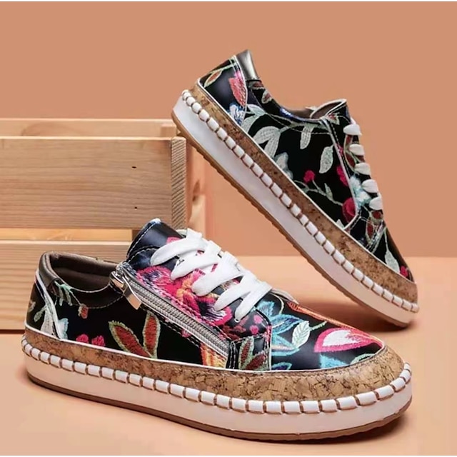  Sneakers da donna in tela con stampa floreale, finiture in sughero e dettagli cuciti, scarpe casual boho con lacci per outfit primaverili, passeggiate e viaggi del fine settimana